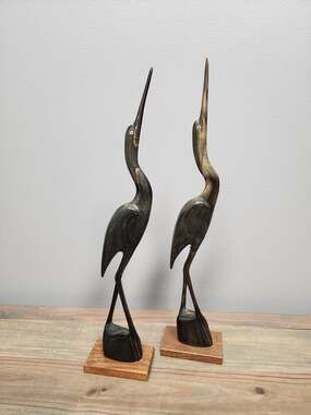 Vtg Pair Hand Carved Horn Crane Stork Heron Bird Sculpture 11" Figurine Folk Art